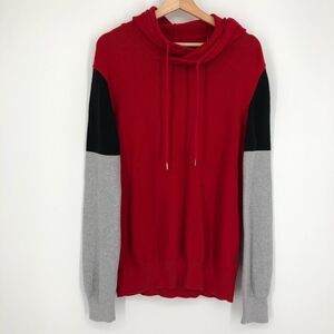 Sean John Mens Sweater Hoodie Size Large Red Colorblock Drawstring Chunky Knit